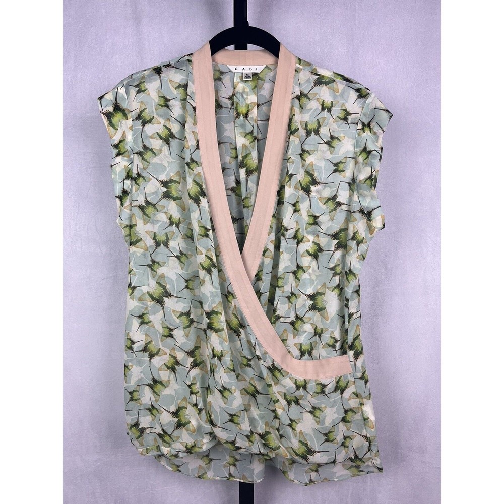 CAbi #234 Women Semi-Sheer Butterfly Print Faux Wrap Blouse Top Size M Polyester